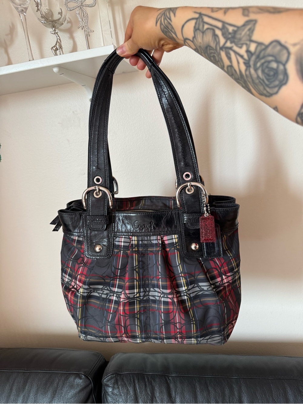 Coach Black Leather-Trim Plaid Shoulder Bag with Red Accent